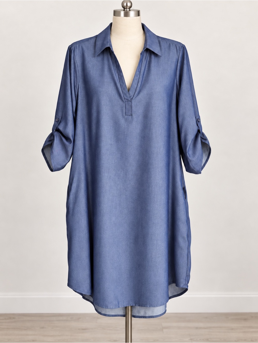 Mlle Gabrielle Blue Denim-Look Shirt Dress Size L